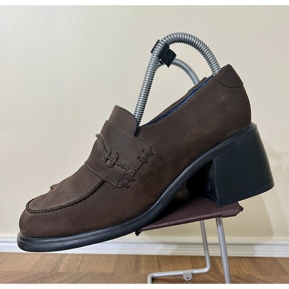 Y2K Shellys London 8/39 Brown Suede Block Heel Chunky Loafers Preppy Clueless - Picture 1 of 10